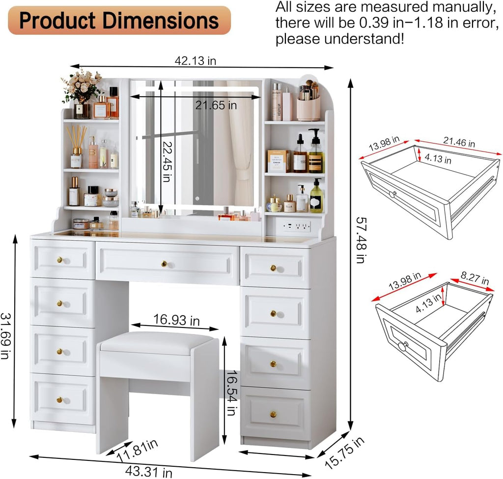 43" Makeup Vanity Desk with Mirror and Lights, & Power Outl, Glass Top Big Vanity Table with 9 Drawers& 8 Storage