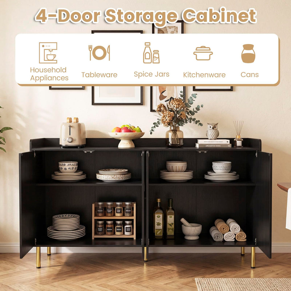 Kitchen Sideboard Buffet Cabinet with 4 Doors, 55" Long Kitchen Buffet Cabinet with 5 Gold Coated Metal Legs, Modern