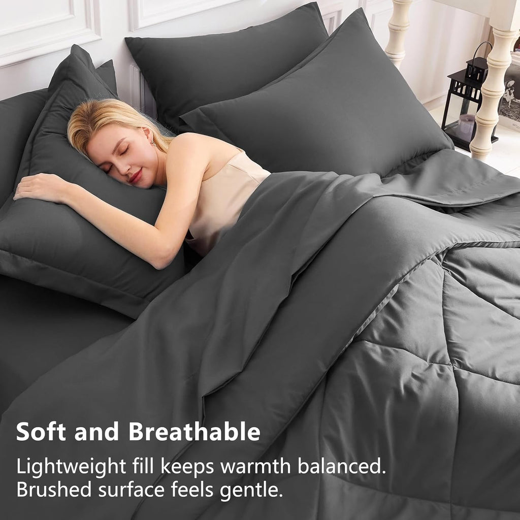 Comforter Set Dark Grey - Bed in a Bag 7 Pieces, Luxury Soft Bed Set for All Seasons