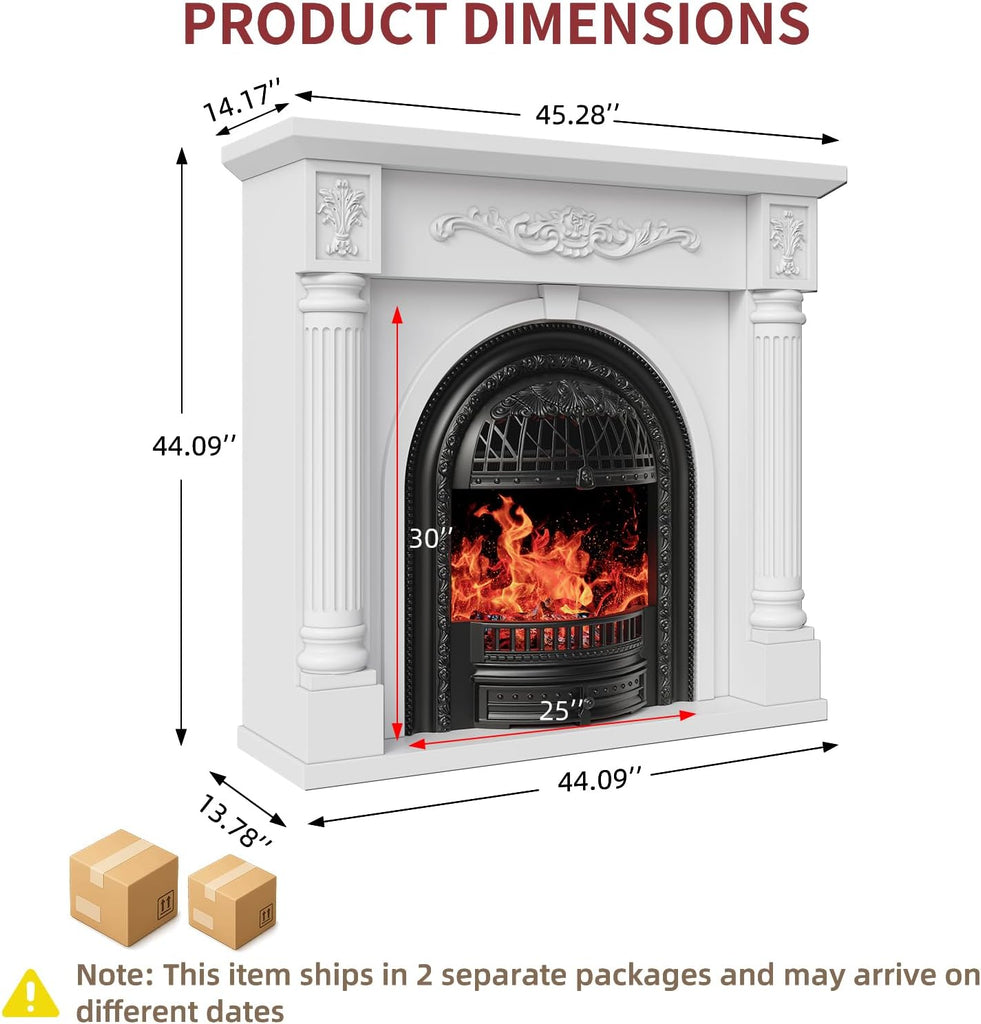 45 Inch Electric Fireplace with Mantel, Solid Wood Fireplace TV Stand, Roman Column Fireplace Entertainment Center