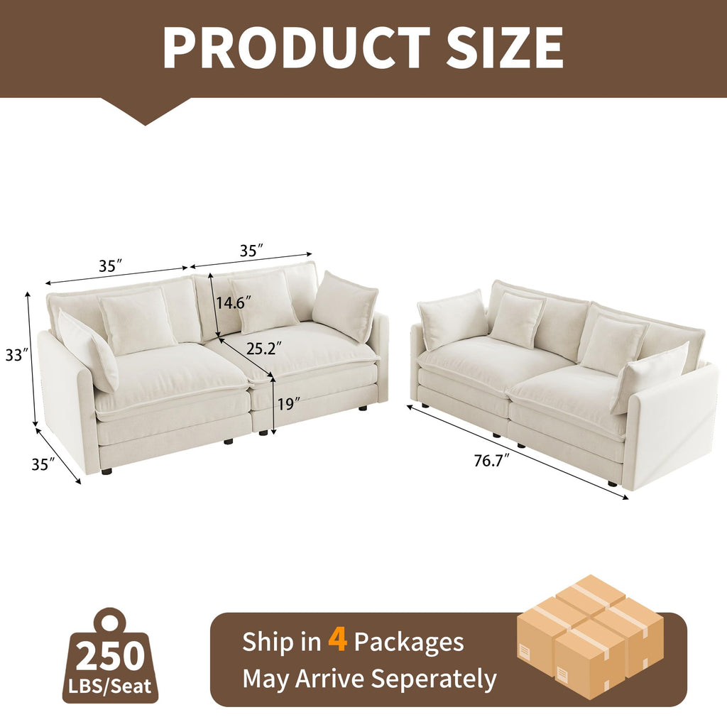 2 Piece Cloud Loveseat Sofa Couch Set, Oversized Chenille Modular Sectional Love Seat Furniture Large Spaces, Beige