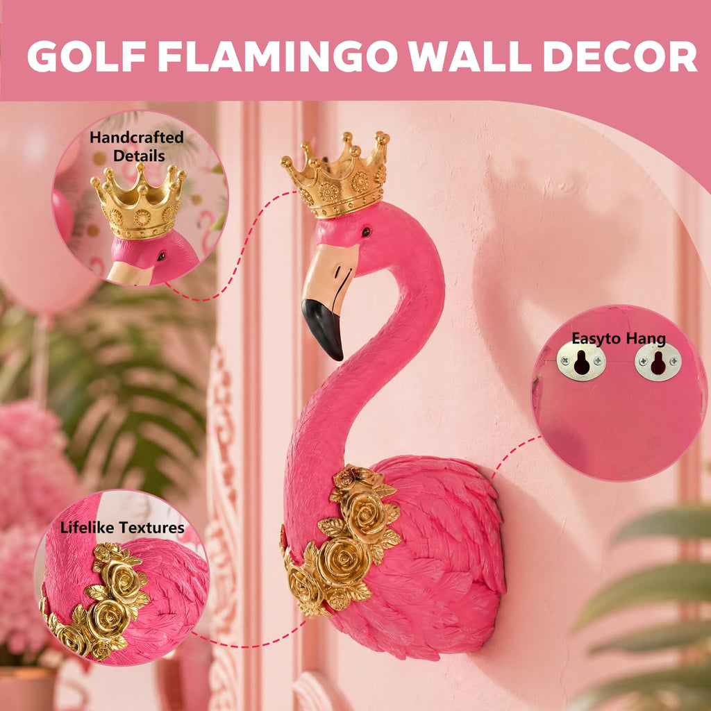 Flamingo Wall Decor, Resin Crown Flamingo Head Wall Sculpture with Gold Rose Accents, 13 x 5.9 Inch, Home Decor Gift