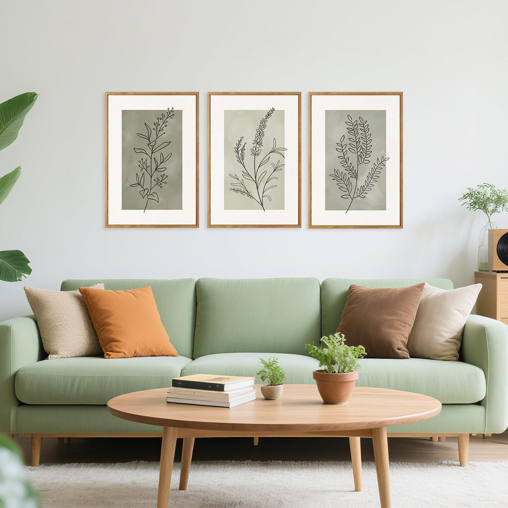 Botanical Sage Leaf Framed Canvas Wall Art Set Of 3, Minimalist Wall Decor, Boho Nature Floral Greenery Wall
