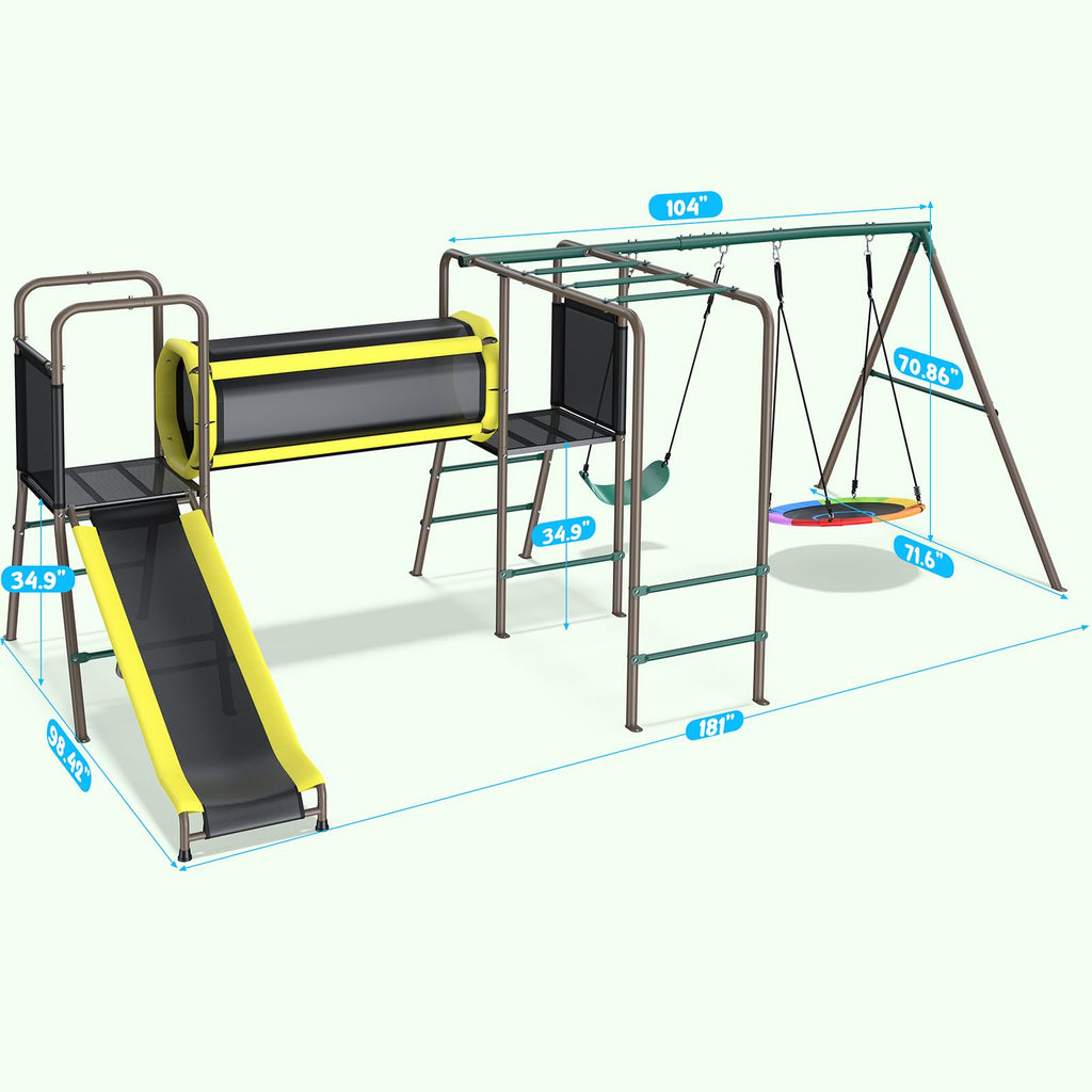 Swing Set with Slide, Crawl Tunnel and Monkey Bars for Backyard