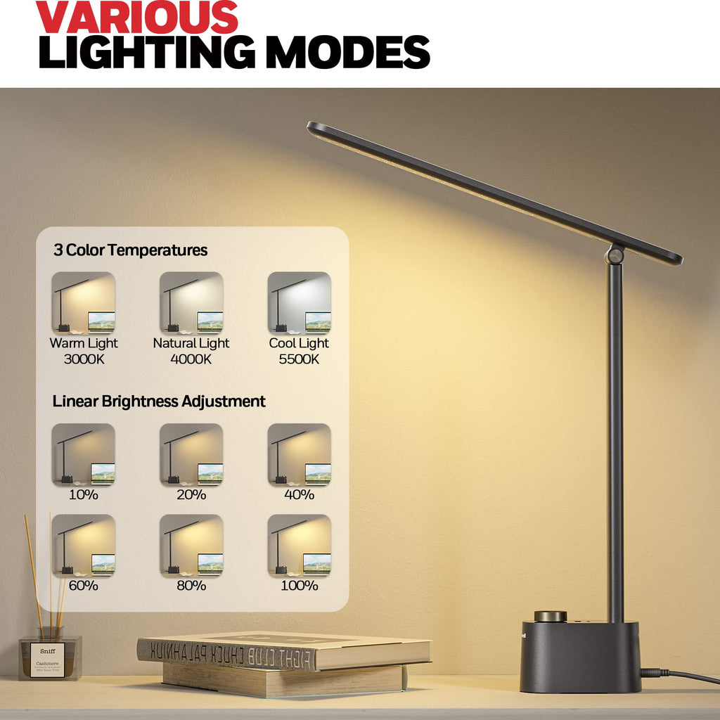LED Desk Lamp, Foldable & Stepless Dimmable, Black