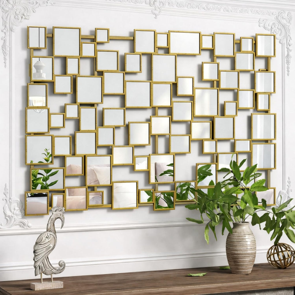 Gold Modern Wall Mirror - 45"×30" Large Metal Framed Decorative Mirror, Unique Mosaic Design Wall Mirrors Entryway