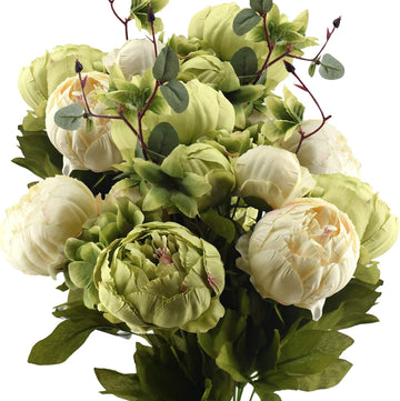 Artificial Peony Bouquets, 2 Cream Beige & Moss Green Silk Flower Bundles for Wedding Centerpieces & Home Decor