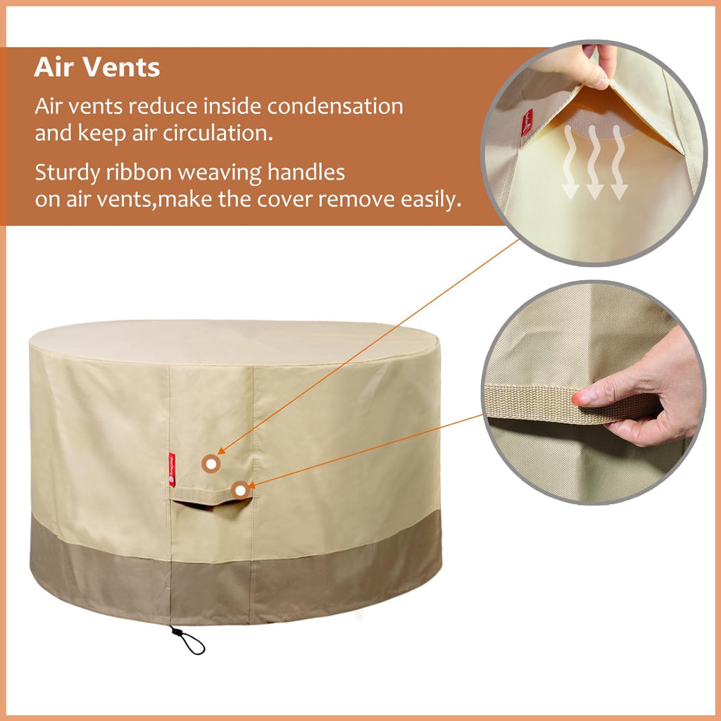 Round 44 Inch Fire Pit Cover - Waterproof 600D Heavy Duty - Fits 40-44 Inch Outdoor Fire Pit Tables - Beige
