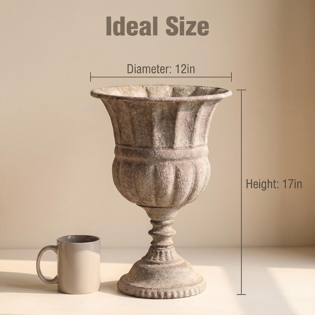 Vintage Urn Planter with Embossed Pattern, Imitation Stone Finish Flower Pot, Distressed Classic Plant Pot for