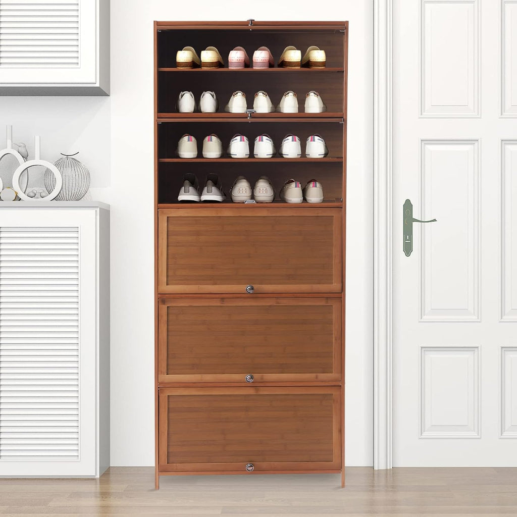 Tall Bamboo Shoe Storage Cabinet Bamboo Shoe Rack with Doors, 11 Tier Freestanding Shoes Rack Heels Sneakers Shelf