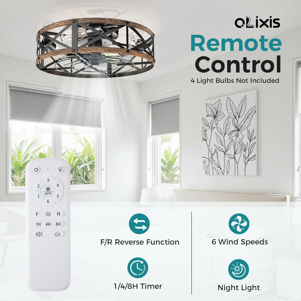 Ceiling Fans with Remote, Farmhouse Ceiling Fan, 19 Inch Low Profile Caged Fandelier, Flush Mount with 6 Wind Speeds