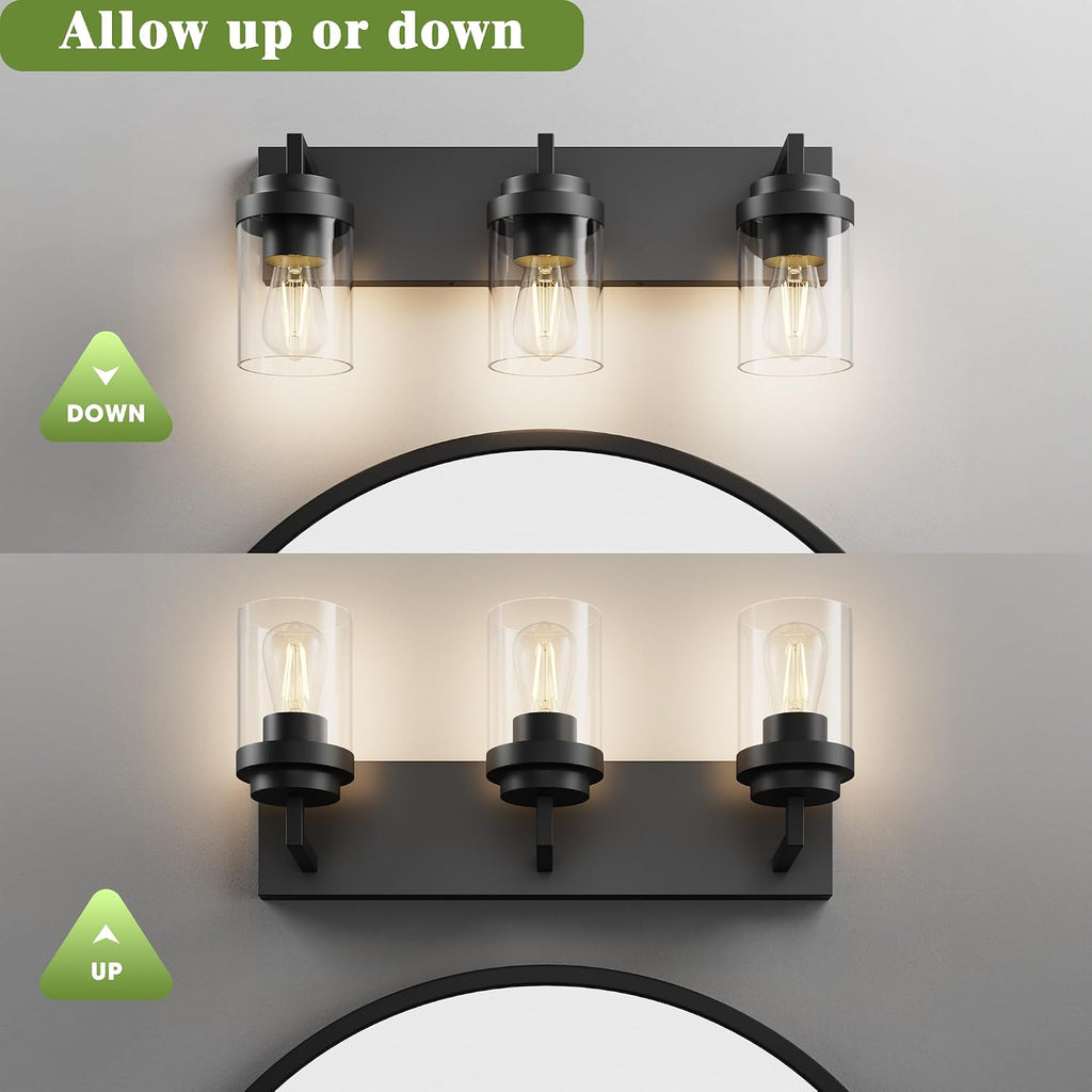 Bathroom Vanity Light, 3 Light Matte Black Vanity Lights with Clear Glass Shade, 22in Modern Wall Sconces, Bathroom