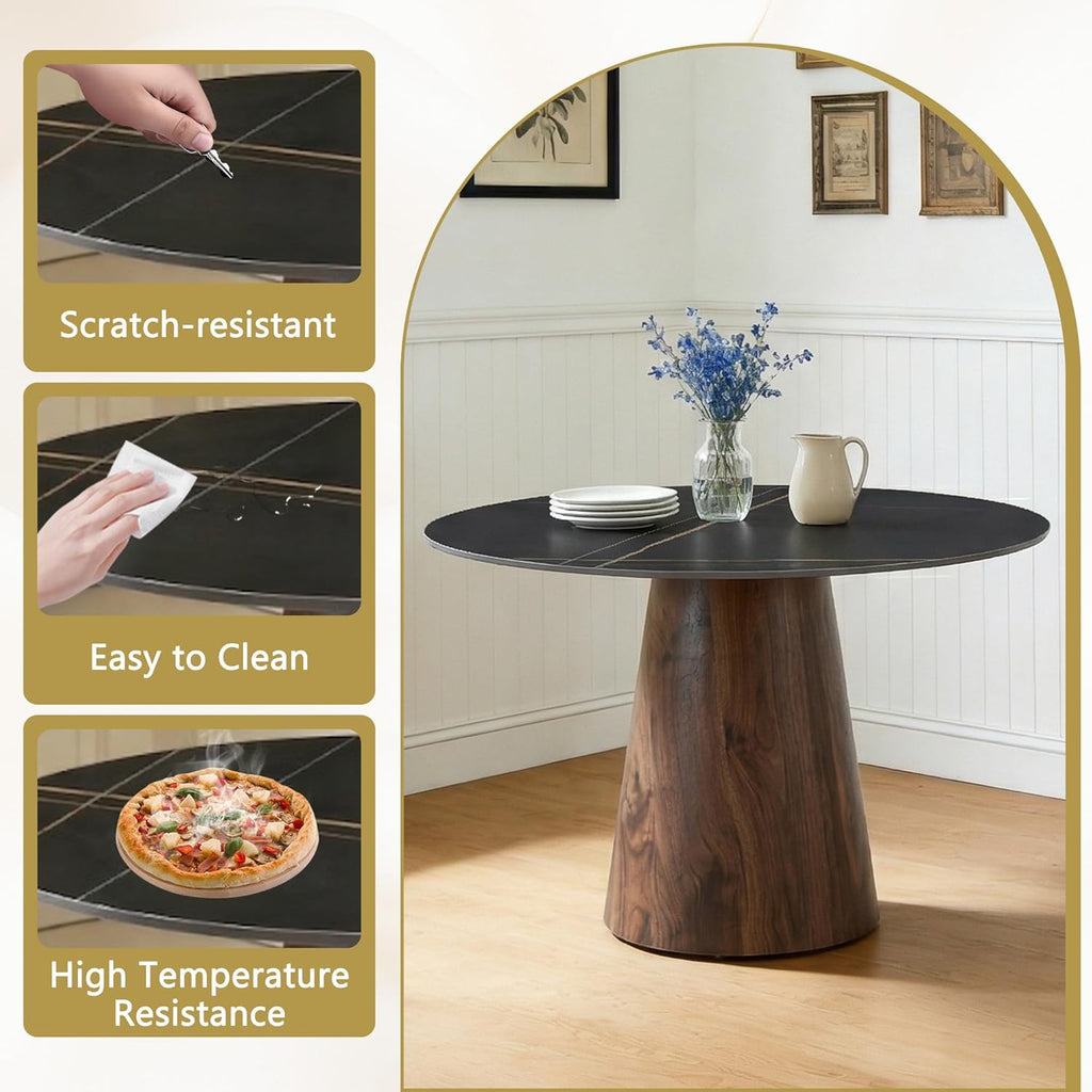 Faux Marble Round Dining Table for 4/5/6, 42" Modern Round Kitchen Table with Black Sintered Stone Top and Walnut