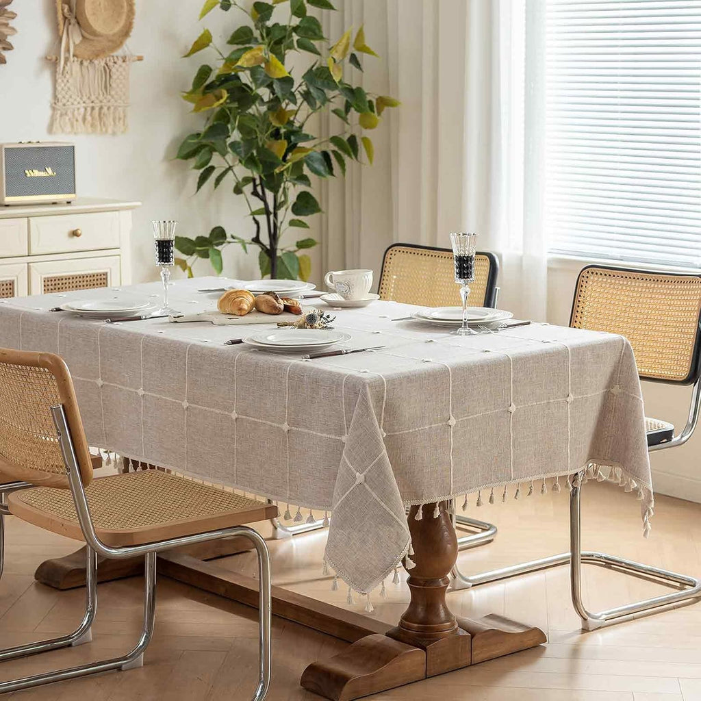Rectangle Tablecloth Boho Grid with Tassels 55 x 84 Inch, Light Tan Embroidered Table Cloth Cover Heavy Weight Linen