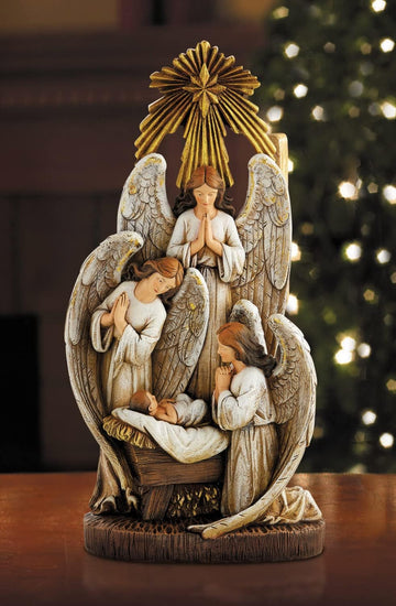 Angels in Adoration Over Baby Jesus Resin Figurine, 13-Inch, Angels in Adoration