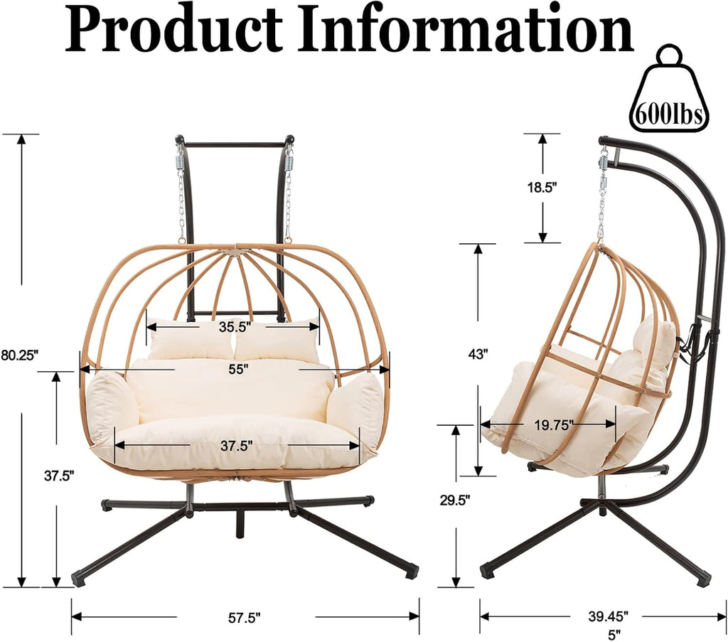 Double Egg Swing Chair with Stand, Oversized Egg Chair Outdoor Indoor, Hanging Swing Chairs with Cushions, Extra