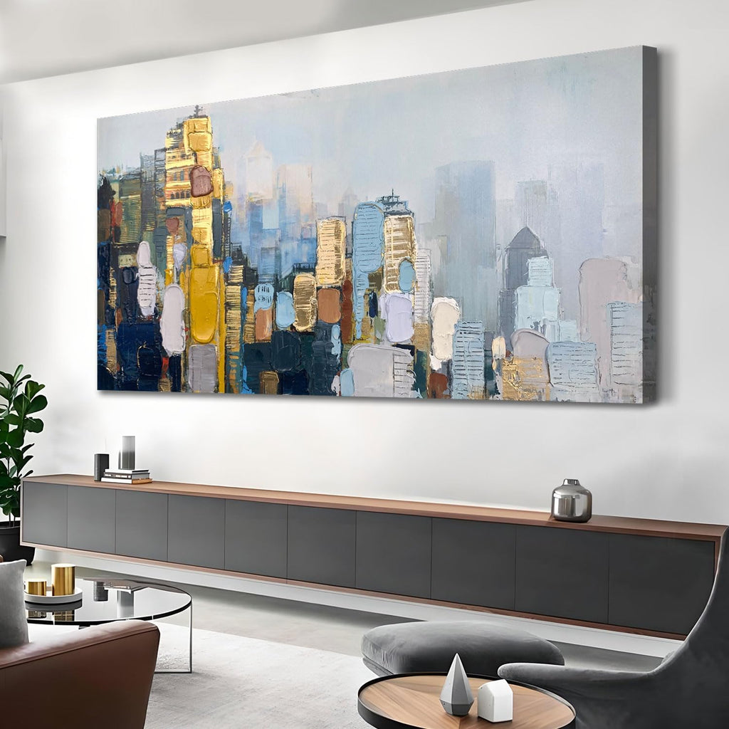 Neutral Wall Art Painting Oversize Abstract Art Wall Decor Canvas, Textured Skyline Gold Painting Modern Artwork for