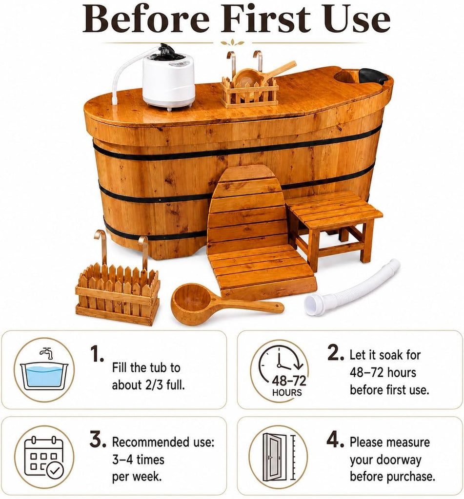 47" Cedar Wood Japanese Soaking Tub - Adult Wooden Bathtub with Steam Package & Accessories