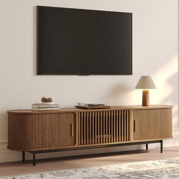 Mid Century Modern TV Stand for 75 inch TV, Sliding Door Entertainment Center with Storage, Wood TV