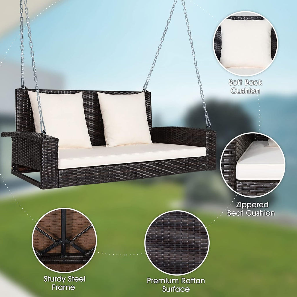 2-Person Wicker Porch Swing, Patiojoy Outdoor Rattan Hanging Swing Bench W/ 2 Back Cushions & 1 Seat Cushion, Sturdy
