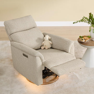 Power Recliner Chair with Nightlight, Nursery Glider, Boucle in Sand | Power Headrest, Water-Resistant Fabric