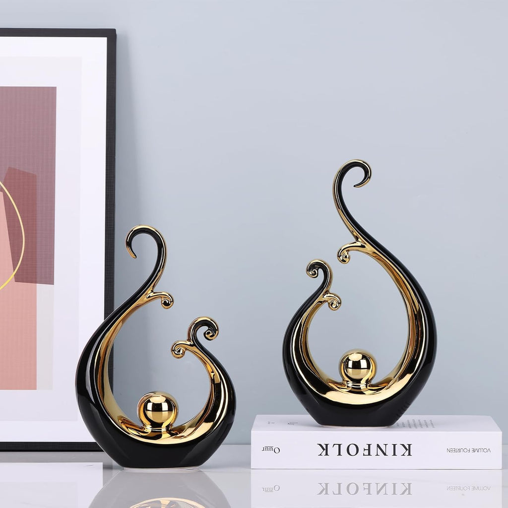 Abstract Ceramic Black Statue 2 Piece Set, Modern Art Black Gold Home Decor, Unique Home Decor, Coffee Table