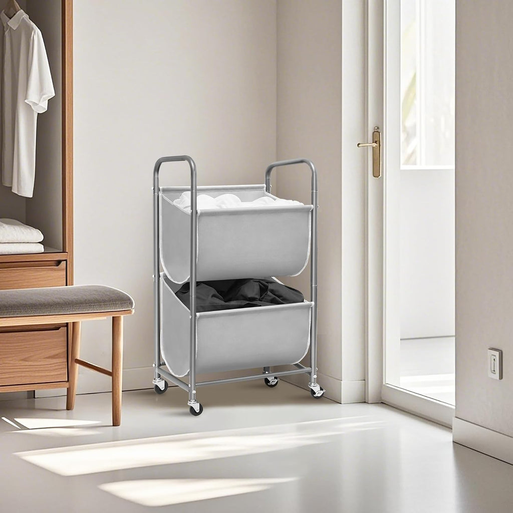 80 Liters Vertical Rolling Laundry Hamper, 2 Section Laundry Sorter with Wheels and 2 Breaks, 2-tier Laundry Baskets