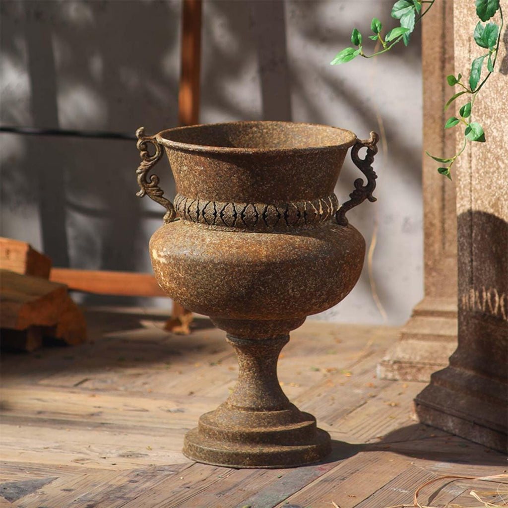 Metal Urn Planter with Handles, Rustic Brown | Ornate Scroll Handles, Pedestal Base Design, Indoor & Outdoor Use