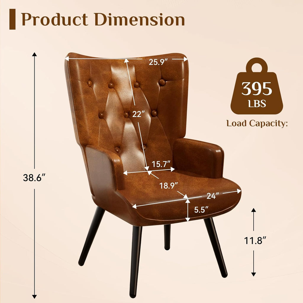 Accent Chairs Set of 2 Upholstered PU Leather Living Room Chairs | High Back Mid Century Modern Accent Armchair