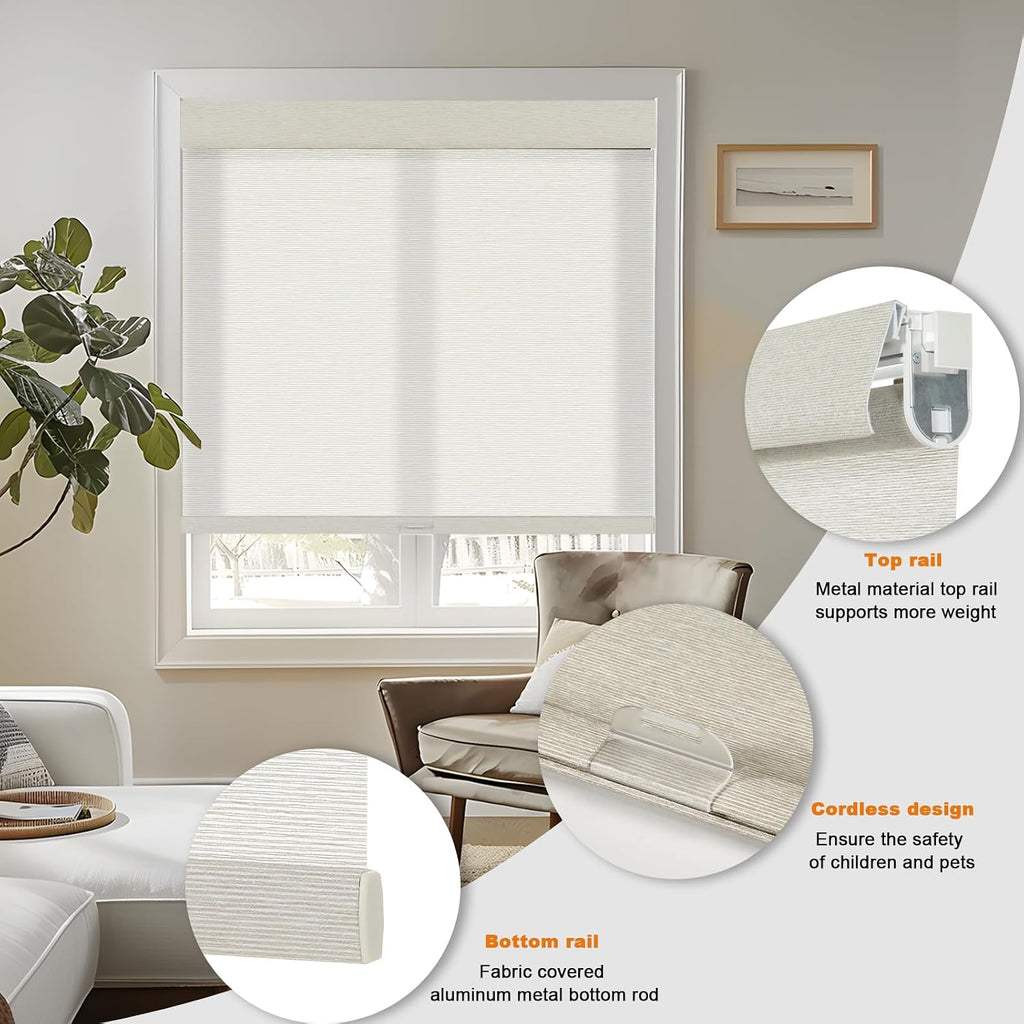 No Drill No Tools Light Filtering Roller Shades for Windows,Linen Fabric Cordless Roller Blinds,Custom Blinds for Home,Bedroom,Living Room,Beige-Light Filtering,Custom Size