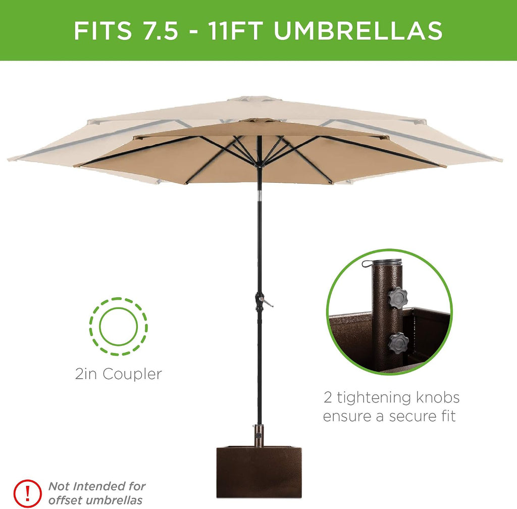 150lb Capacity Portable Steel Umbrella Base Stand w/Fillable Planter, Drainage, 2 Adjustment Knobs, Handle, Wheels