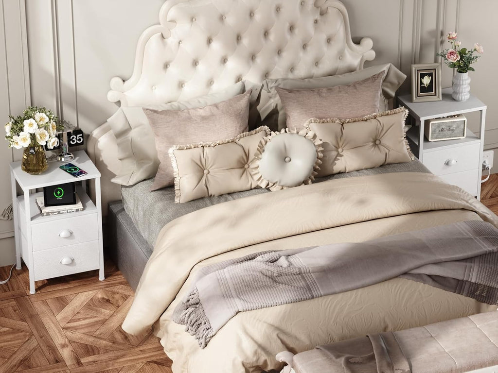 Nightstands Set of 2, End Tables Set of 2 with Charging Station and LED Lights, White Night Stands with 2 Fabric