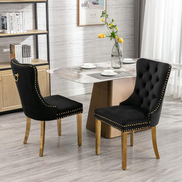 Solid Wood Velvet Upholstered Dining Chair with Golden Stainless Steel Plating Legs,Contemporary Design W/Nailhead