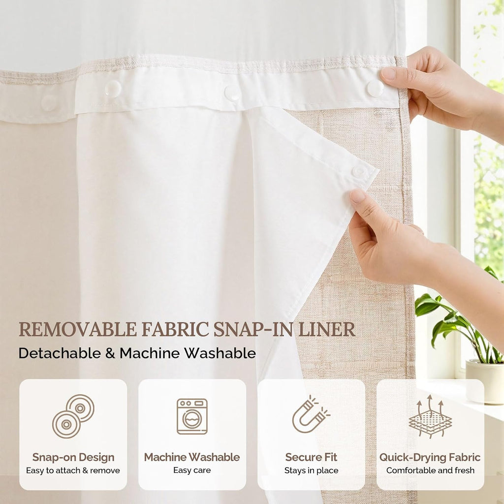 Farmhouse Linen Textured Shower Curtain with Snap-in Liner Set, No Hooks Needed, with Tassels for Rustic Bathroom