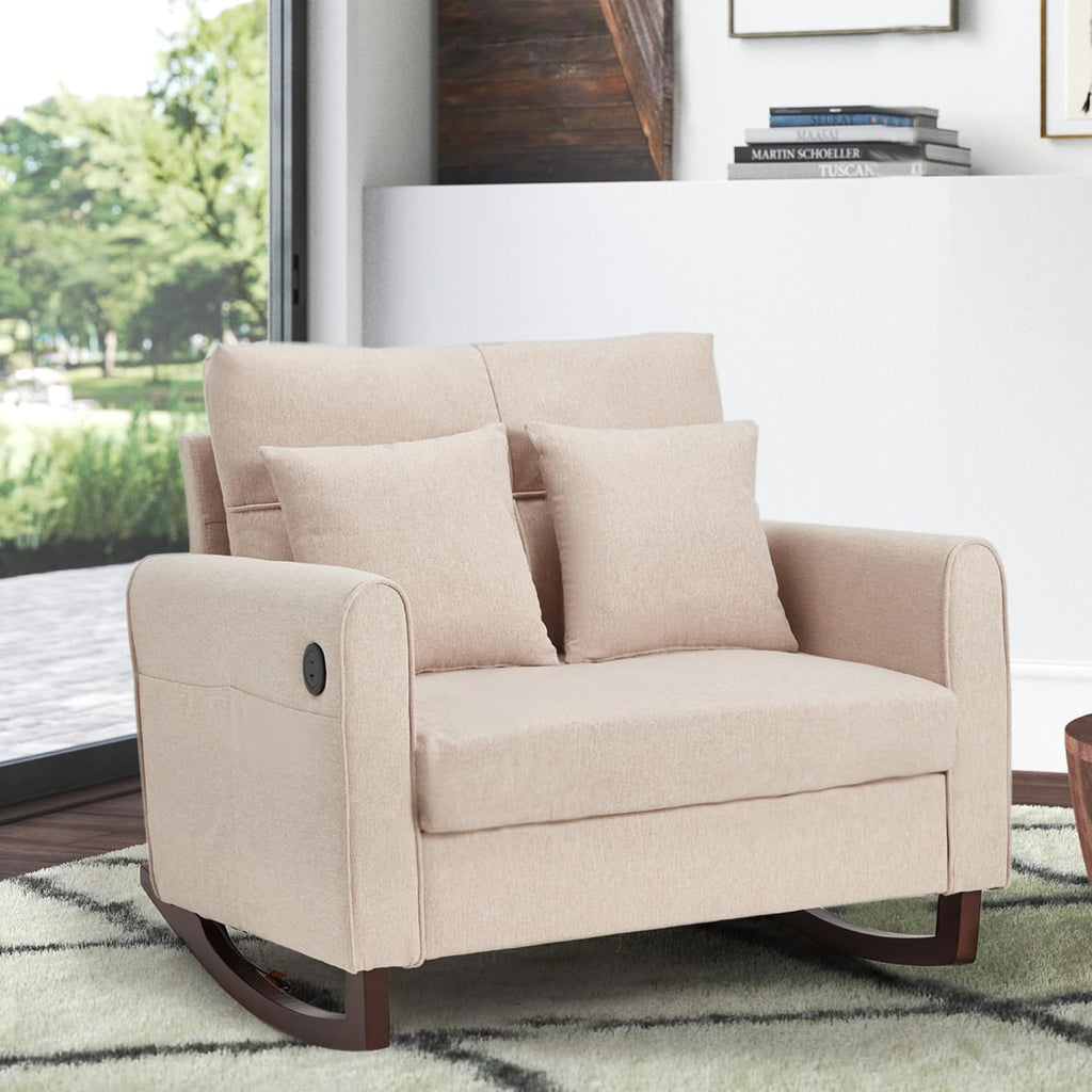 Upholstered Oversize Rocking Chair, Nursery Rocking Chair with High Back and Side Pocket USB Port, Double Wide Rocker