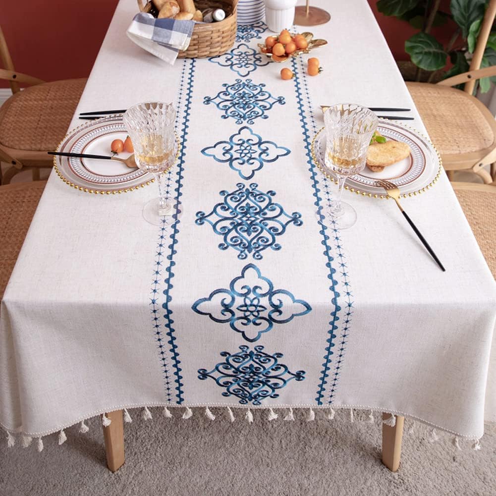 Table Cloth Embroidery Damask Pattern Wrinkle Free Heavy Weight Cotton Linen Farmhouse Tablecloth De