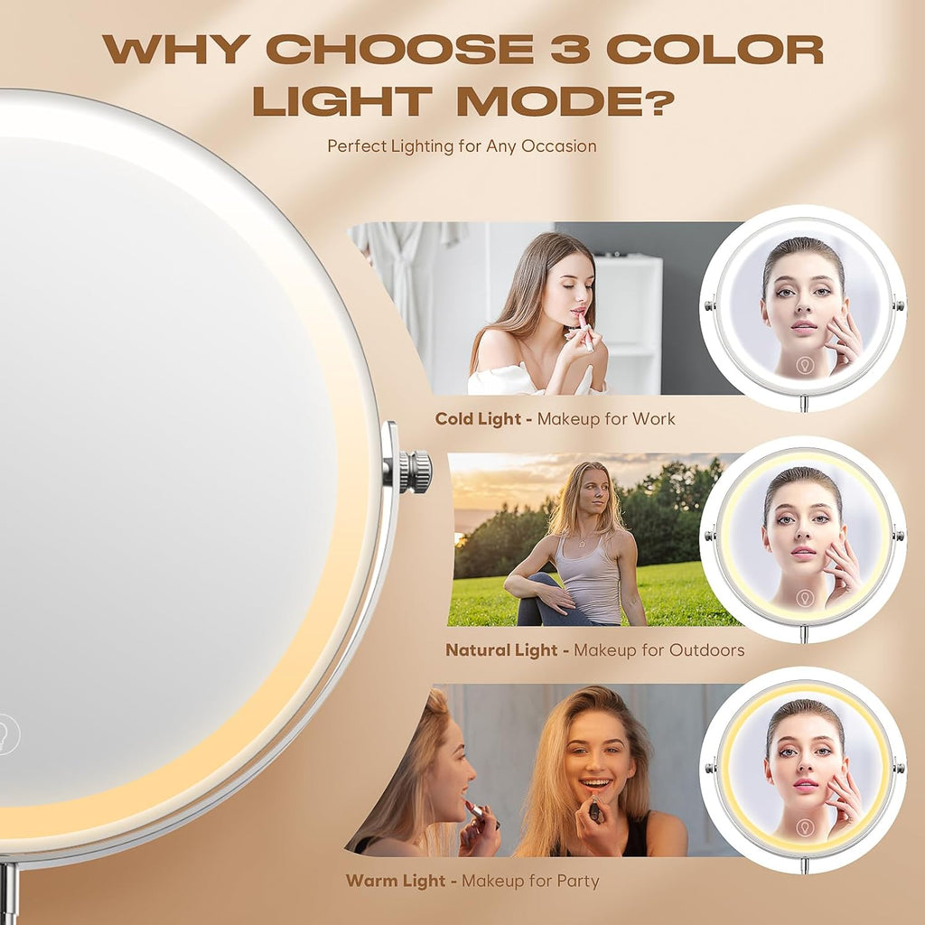 Makeup Mirror with Lights, 1x/20x 360° Rotation Vanity Mirror, Brightness Adjustable Lighted Makeup Mirror with