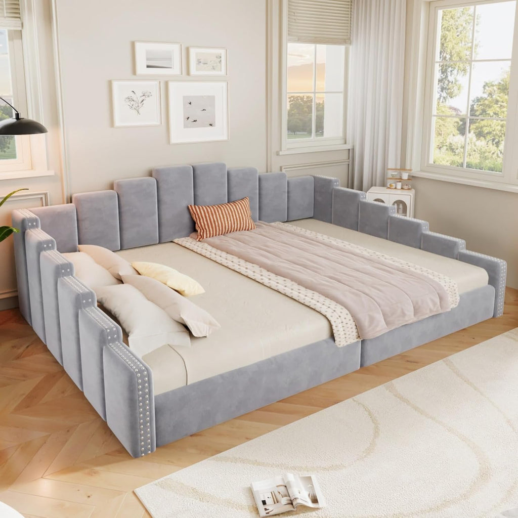 Queen Size Upholstered Daybed with Nailhead Trim Armrest, Gray | Velvet Vertical Channel Tufted Day Bed with