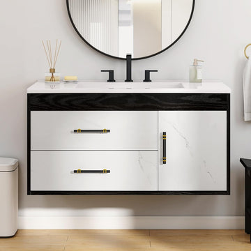 36 Floating Vanity with Sink, Wall Mounted Bathroom Cabinet Vanity with Soft-Close System Cabinet, Marble Pattern