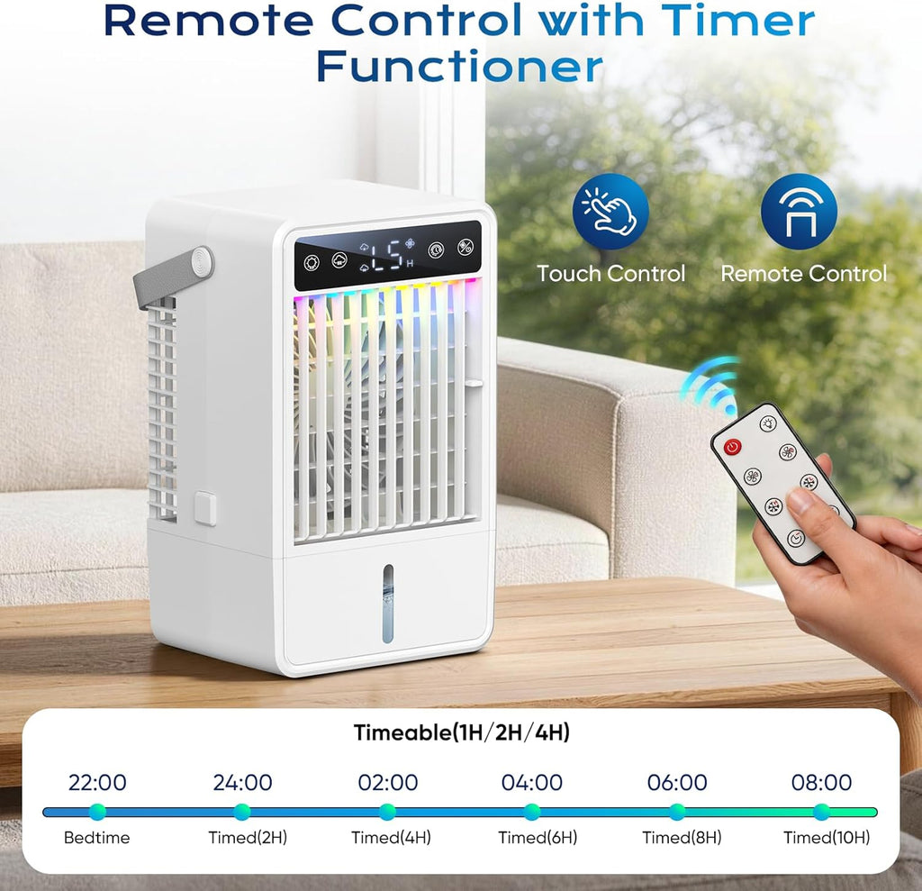 Portable Air Conditioners with 1500ML Tank, 5 Speeds Mini Evaporative Air Cooler with Remote & 2-10H Timer