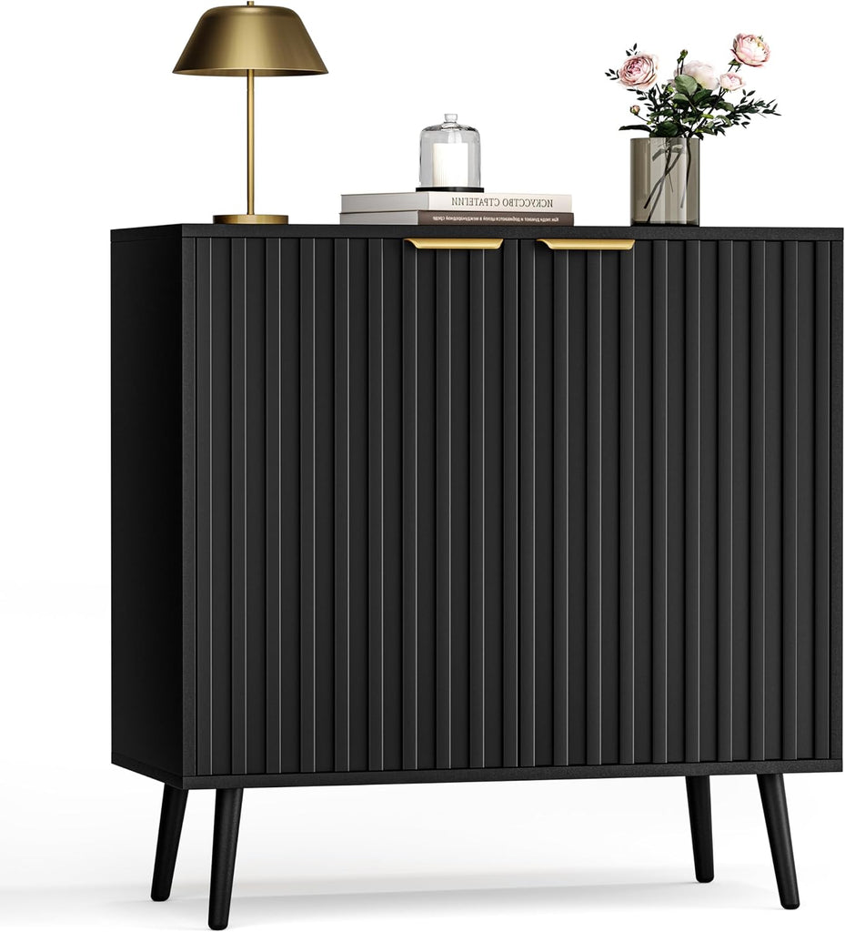 Black Fluted Buffet Cabinet, Free Standing Sideboard with Storage, Wood Accent Cabinet with Doors & Shelf, Modern