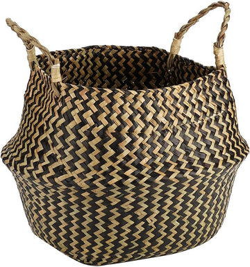 Seagrass Storage Basket, Woven Seagrass Basket, Woven Basket with Handle itory Decor Decor (Black Wavy Pattern)