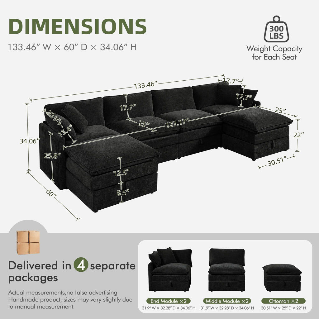 Modular Sectional Sofa with Storage Ottomans, 135" U-Shaped Cloud Couch, Comfy Modern Couches with Pillows &