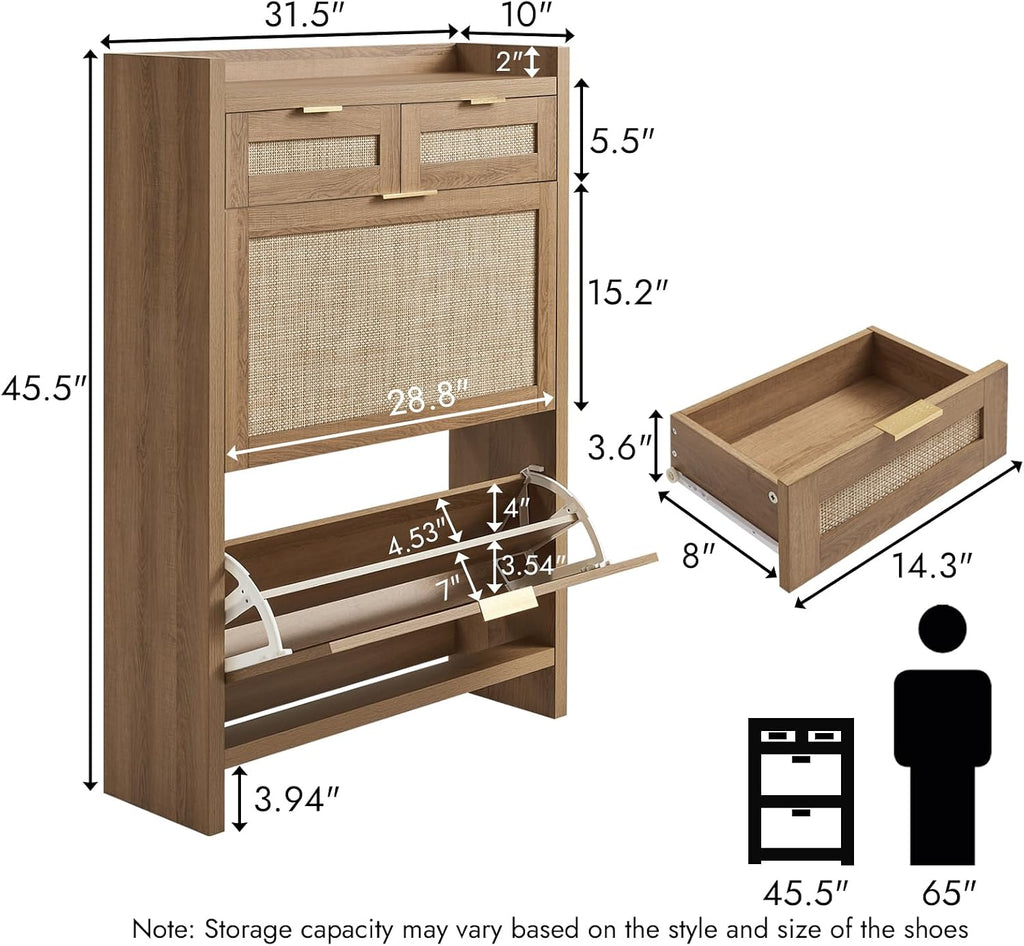 Rattan Shoe Storage Cabinet with 2 Drawers & 2 Flip Drawers - Hidden Slim Shoe Organizer , Large Tabletop Space