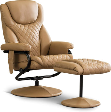 Modern Reclining Swivel Lounge Chair and Ottoman — Cognac Faux Leather