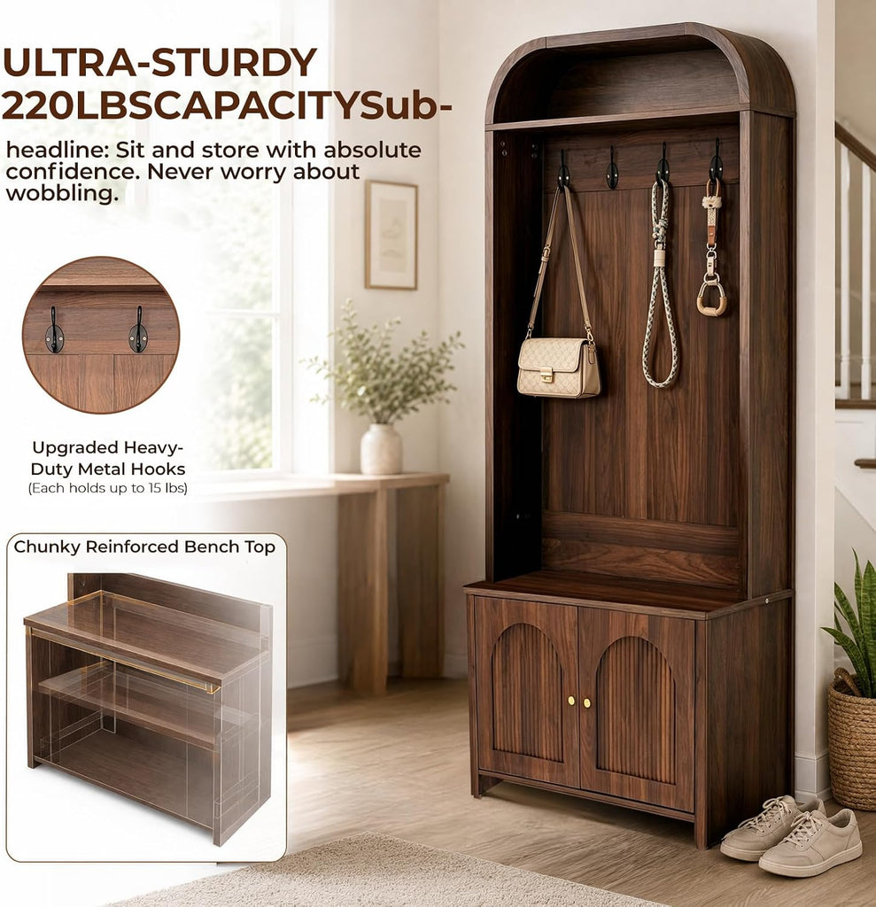 Narrow Entryway Hall Tree with Storage Bench, Modern Fluted Coat Rack and 2-Door Shoe Cabinet , Arched Mudroom