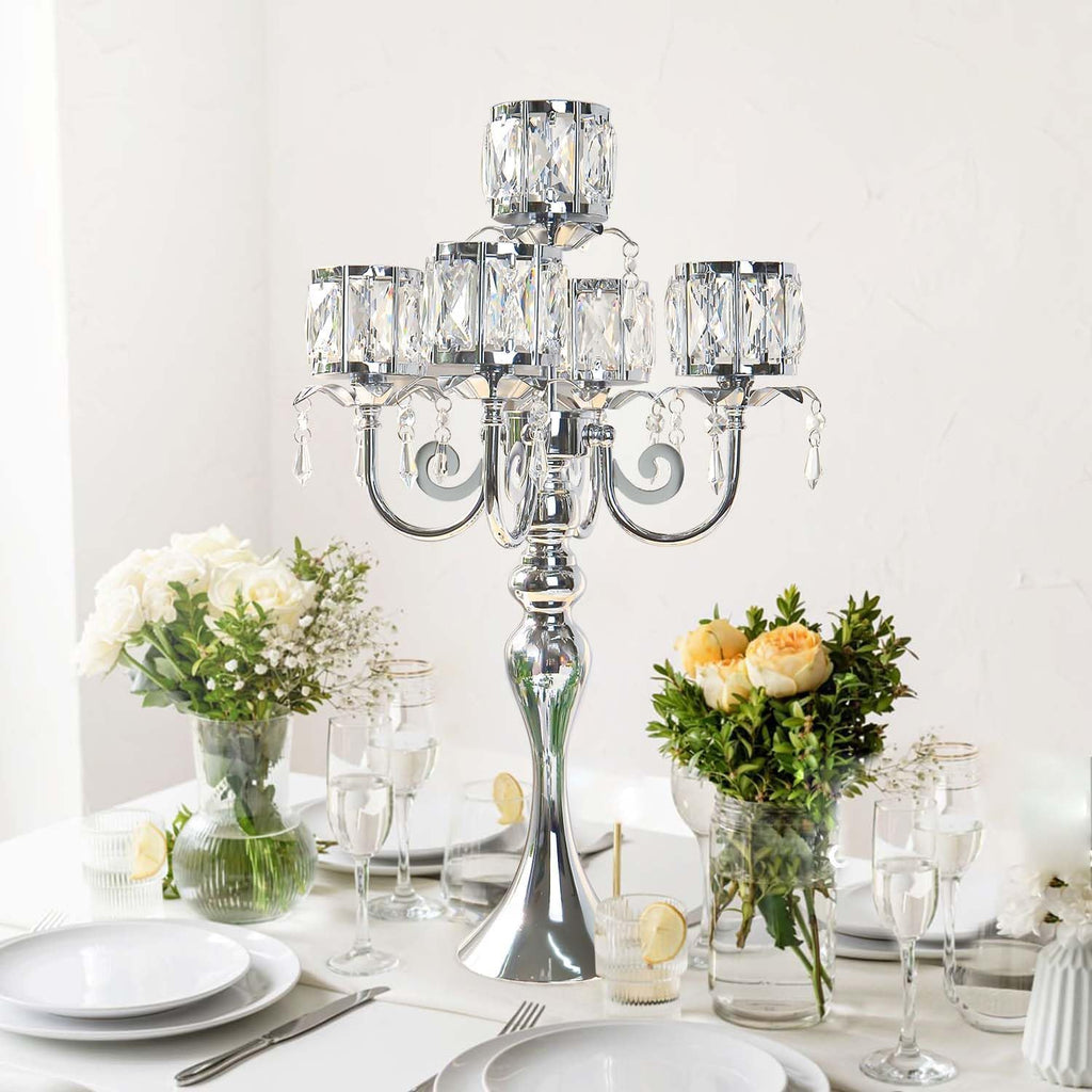 Candelabra Candle Holders, Elegant Bling Centerpiece with Pendant Crystal Table Decorations 5 Arms Candlesticks,22