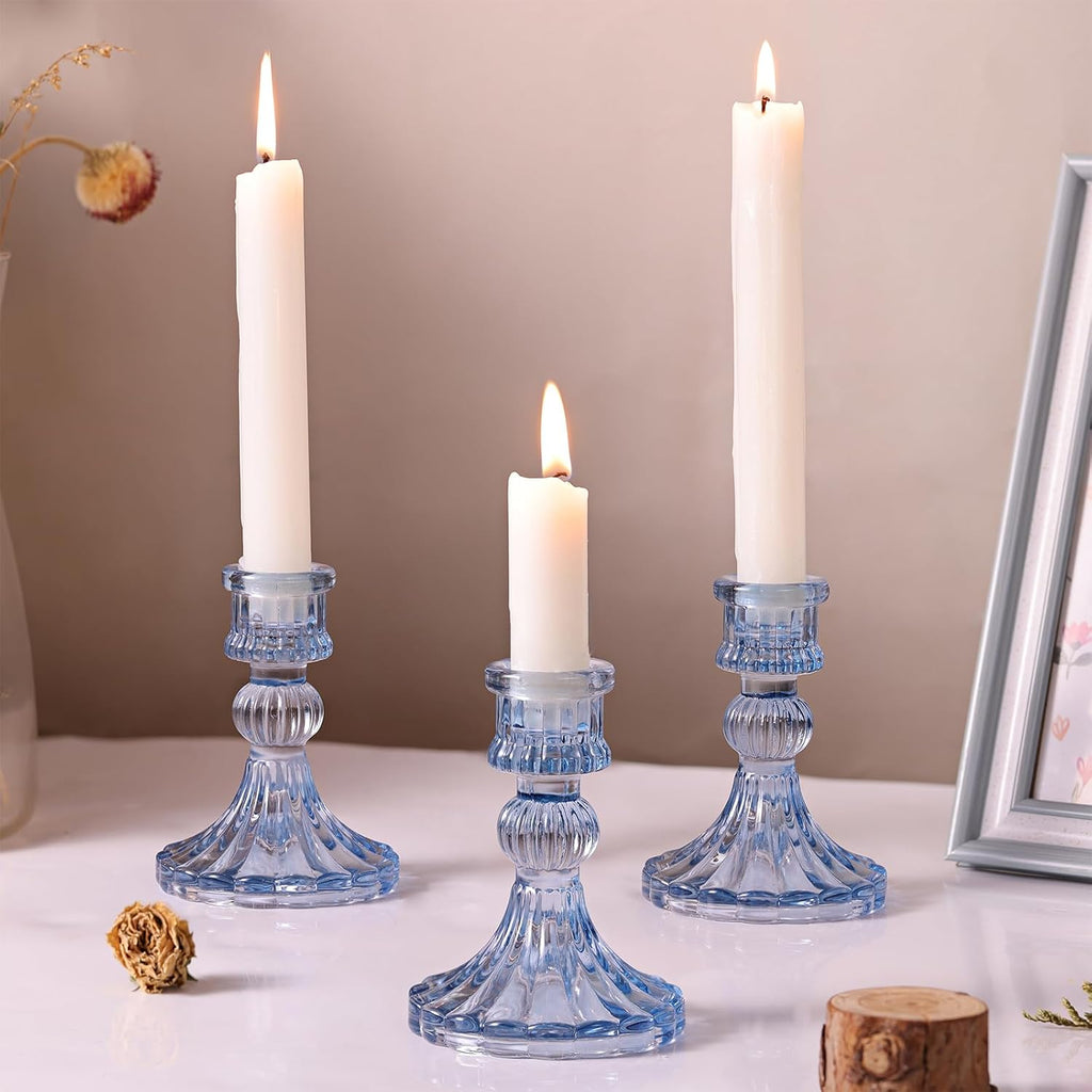 12PCS Blue Candlestick Holders Set- 4" H Taper Candle Holders, Glass Candle Holders Bulk for Wedding, Party, Home