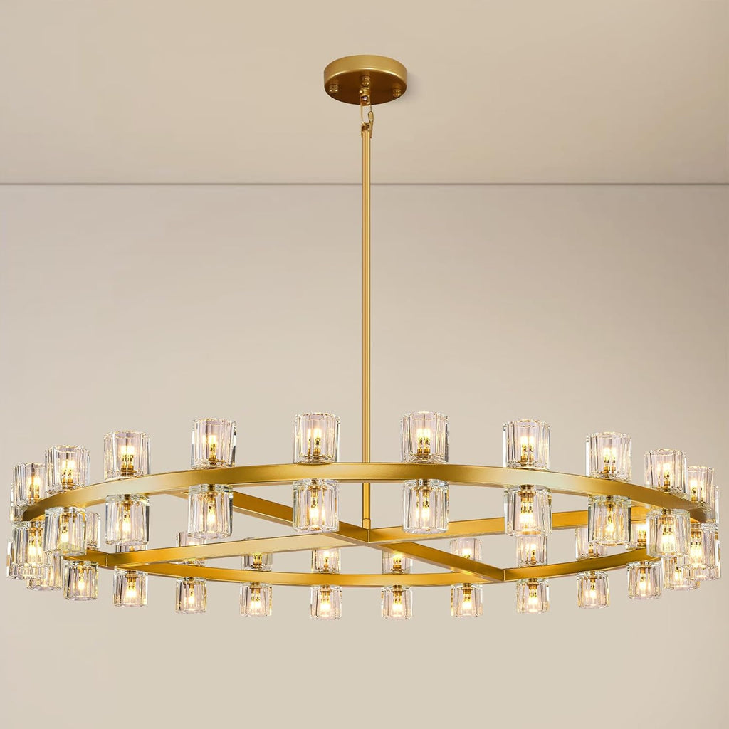 K9 Crystal 48-Light Round Chandelier, 48" Gold Chandeliers for Living Room, Modern Farmhouse Wagon Wheel Chandeliers For Dining Room,Entryway,Foyer,Includes G4 Bulbs Arcachon Brass Chandelier A117-B0DNZ6ZL47