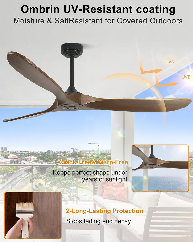 72" Ceiling Fans without Lights, Wood Large Ceiling Fan no Light with Remote Alexa Google App
